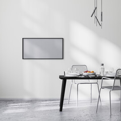 frame mock up in modern dining room interior with black table and chairs and white wall with sunbeams, concrete floor, minimalist style, scandinavian, 3d rendering