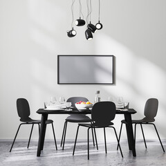 frame mock up in modern dining room interior with black table and chairs and white wall with sunbeams, concrete floor, minimalist style, scandinavian, 3d rendering