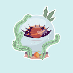 Vector illustration of a magic ball of predictions. Fortune teller sphere sticker with eye and space for halloween, logo, icon, banner, poster.