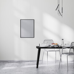 poster frame mock up in modern dining room interior with black table and chairs and white wall with sunbeams, concrete floor, minimalist style, scandinavian, 3d rendering