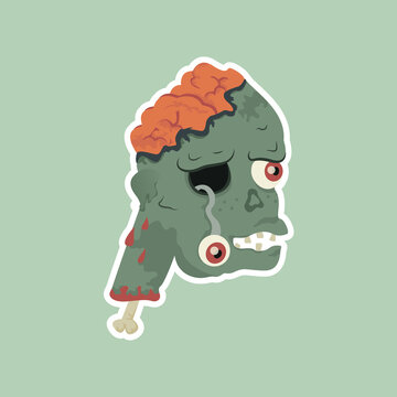 recommend clip art: Vector illustration of a zombie head and brains. Hand drawn cartoon undead sticker for halloween, logo, icon, banner, poster.