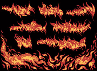 Fiery details. Design set. Editable hand drawn illustration. Vector engraving. Isolated on black background. 8 EPS