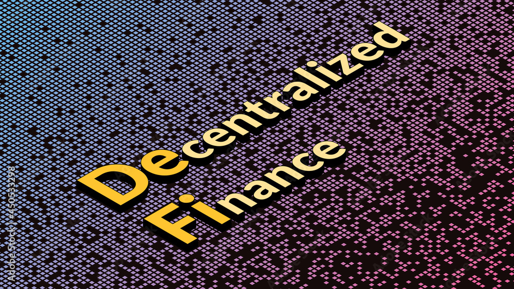 Wall mural defi - decentralized finance, isometric text on fragmented matrix background. ecosystem of financial