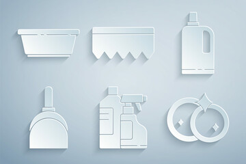 Set Bottles for cleaning agent, Fabric softener, Dustpan, Washing dishes, Sponge with bubbles and Plastic basin icon. Vector