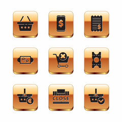 Set Shopping basket, and euro, building text closed, Remove shopping cart, Discount percent tag, Paper check financial check, with mark and Smartphone dollar icon. Vector