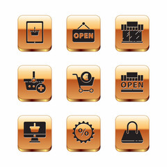 Set Shopping basket on tablet, Monitor with shopping, Discount percent tag, cart and euro, Add, building market store, Handbag and Hanging sign Open icon. Vector