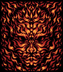 Face of fire. Editable hand drawn illustration. Vector engraving. Isolated on black background. 8 EPS - 450533692