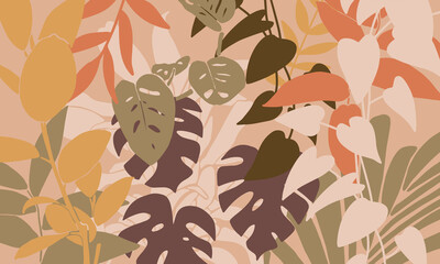 Vector illustration of rainforest. Modern tropical print. Colorful leaves on beige background.