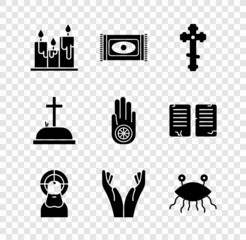 Set Burning candles, Traditional carpet, Christian cross, Jesus, Hands praying position, Pastafarianism, Tombstone with and Jainism or Jain Dharma icon. Vector