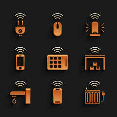 Set Wireless tablet, smartphone, Smart heating radiator, warehouse, water tap, flasher siren and electric plug icon. Vector