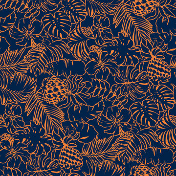 Tropical flower leaf pineapple patchwork vintage vector seamless pattern