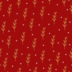 Christmas seamless pattern with golden leaves and small snowflakes