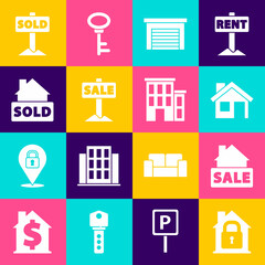 Set House under protection, Hanging sign with Sale, Garage, text Sold, and icon. Vector