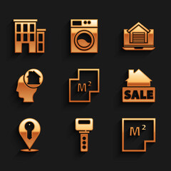 Set House plan, key, Hanging sign with Sale, Location, Man dreaming about buying house, Online real estate and icon. Vector