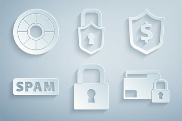Set Lock, Shield with dollar, Spam, Folder and lock, and Safe icon. Vector