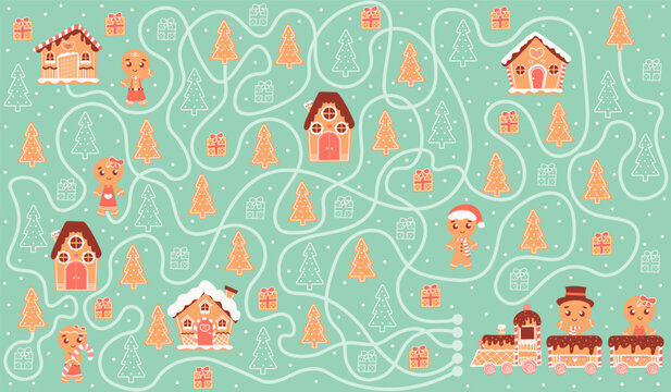 Printable maze riddle for kids, help to find right way train with gifts to gingerbread house, board game for christmas or new year holiday in cartoon style, sweet cookie cozy winter village