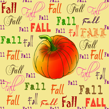 Fall autumn orange,green, yellow, red pumpkins on orange background pattern. Thanksgiving holidays, fabric, textile. Seamless repeat swatch. Outline pumpkins textiles, banners, wallpapers, wrapping de