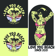 Summer Vintage Illustration Vector. With Women Tattoed use Bikini In Beach. Recomended For T-Shirt Design, Clothing Or Apparel.