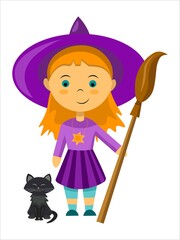 Vector little witch with her broom