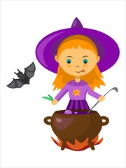 Vector little witch boiling a portion in a cauldron