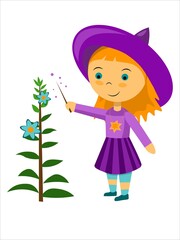 Vector little witch growing plant with magic wand