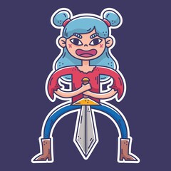 Doodle girl warrior with a sword vector illustration. RPG fantasy items sticker