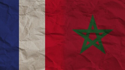 Morocco and France Flags Together, Crumpled Paper Effect Background 3D Illustration