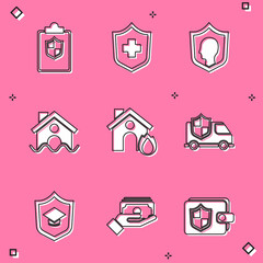 Set Document with shield, Health insurance, Life, House flood, Fire burning house, Car, Graduation cap and Stacks paper money cash icon. Vector