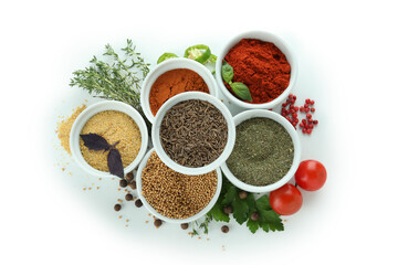 Different aromatic spices isolated on white background