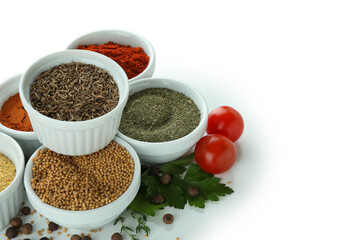 Different aromatic spices isolated on white background