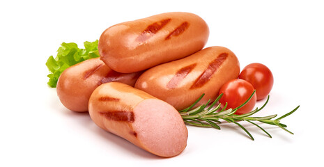 Grilled sausages, isolated on white background.