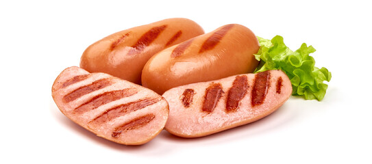 Grilled sausages, isolated on white background.