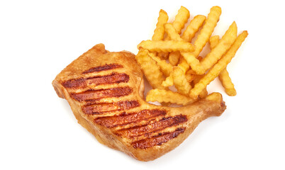 Grilled chicken legs with potato fry, isolated on white background.