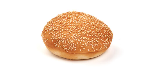 Hamburger bun with sesame seeds, isolated on white background.