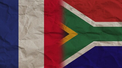 South Africa and France Flags Together, Crumpled Paper Effect Background 3D Illustration