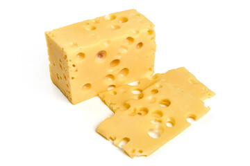 Maasdam cheese block, isolated on white background. High resolution image.