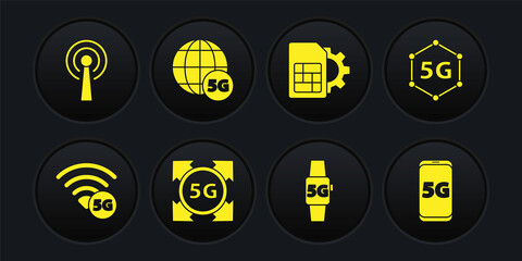 Set 5G network, Smart watch, Sim card setting, Mobile with and Antenna icon. Vector