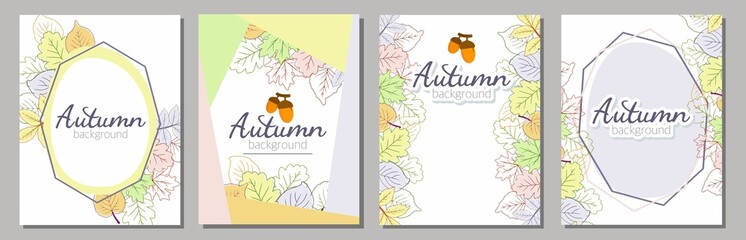 Poster fashionable on the autumn theme. The leaves are oak, birch, aspen, maple. Space for copying. Applicable for printing, posters, postcards, websites. Vector illustration.