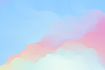 Vector illustration of iridescent cloudscape. Soft shapes of colorful clouds in bright blue sky. Gradation of gentle yellow, orange, pink sunset colors. Multicolored abstract background. 