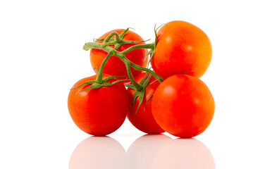 Red ripe Tomato close-up. Tomatoes branch isolated on white.