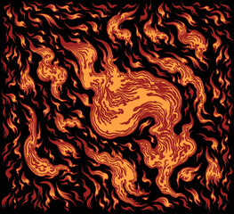 Flames. Editable hand drawn illustration. Vector engraving. Isolated on black background. 8 EPS