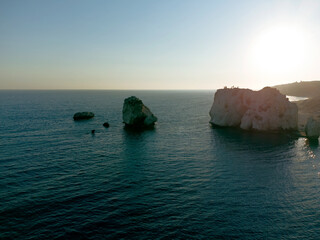 Setting sun in the area of Aphrodite's stone in the evening in Cyprus