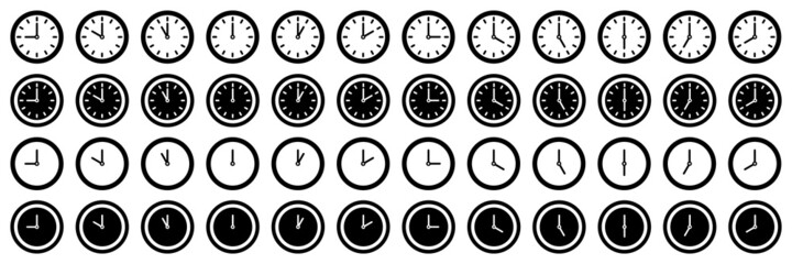 Set of time and clock icons. Analog clock, notifying each hour. Business watch. Speed time icon. Vector. - obrazy, fototapety, plakaty