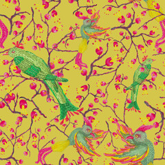 Eden birds with fuchsia berries on yellow background pattern.