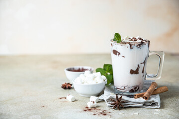 Hot chocolate or cocoa in glass cup with marshmallow, cinnamon and mint, light concrete background.
