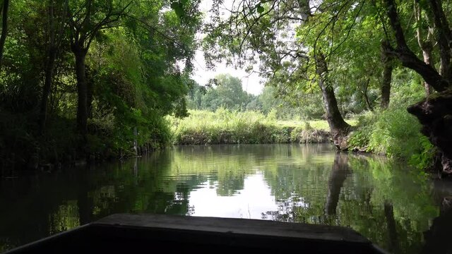 Sailing by boat on the natural water channels between La Garette and Coulon, Marais Poitevin the Green Venice, near the city of Niort, France