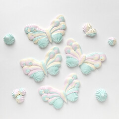 Delicate iridescent meringue butterflies on a white background - obrazy, fototapety, plakaty