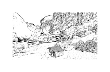Fototapeta premium Building view with landmark of Jungfrau is the summit in Switzerland. Hand drawn sketch illustration in vector.