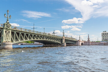 View of St. Petersburg from the Neva River from under the bridge