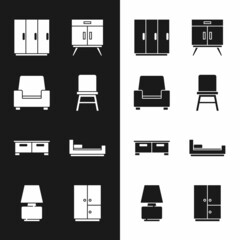 Set Chair, Armchair, Wardrobe, Chest of drawers, Bed, and Table lamp icon. Vector